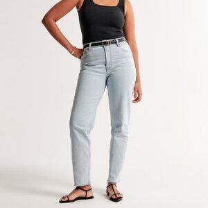 Abercrombie & Fitch Mom High Rise Jeans Womens 35 | 20R Blue Curve Love Raw Hem